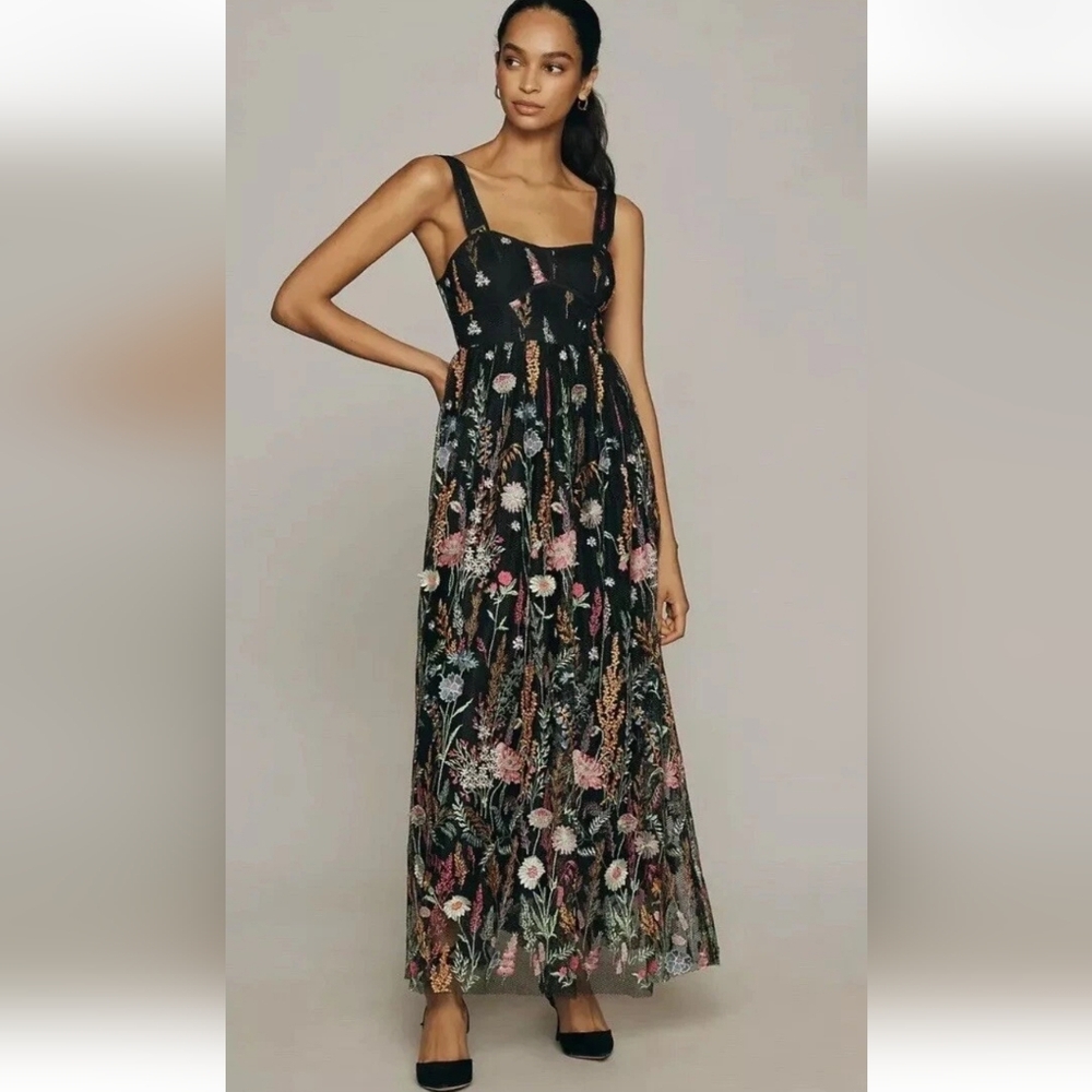 By Anthropologie Sheer Floral Embroidered Mesh Midi Dress SZ M